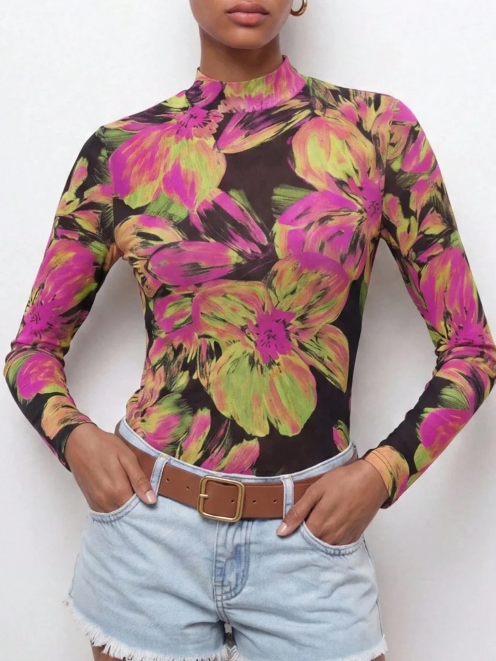 Black Floral Long Sleeve Mesh Sheer Top Shirt